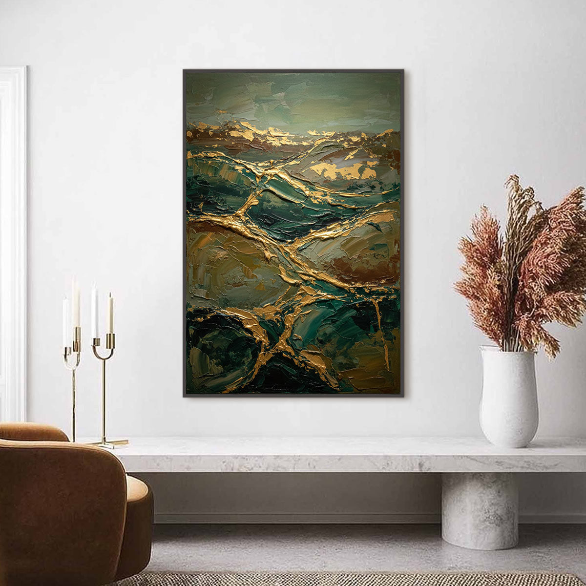 GOLDEN STRATA: Textured Abstract Green and Gold Mountain Impasto Painting - Image 4