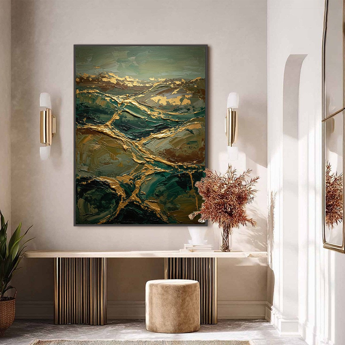 GOLDEN STRATA: Textured Abstract Green and Gold Mountain Impasto Painting - Image 2