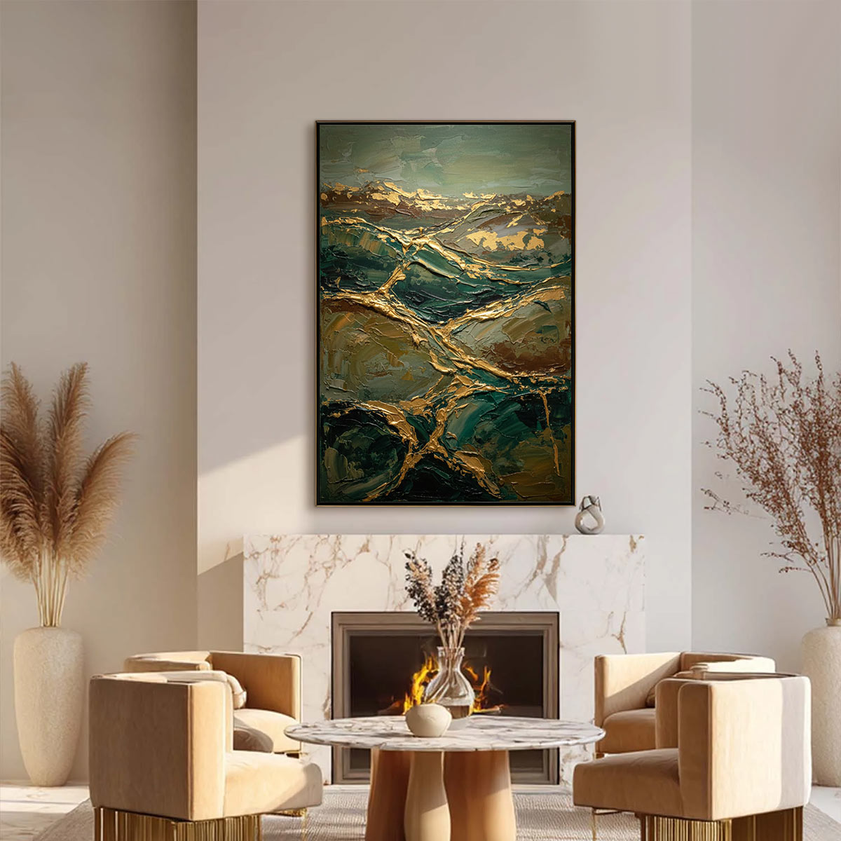 GOLDEN STRATA: Textured Abstract Green and Gold Mountain Impasto Painting - Image 6