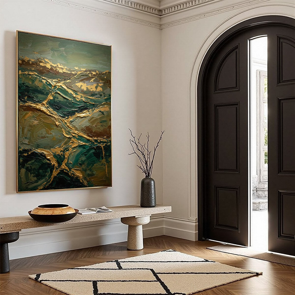 GOLDEN STRATA: Textured Abstract Green and Gold Mountain Impasto Painting - Image 8