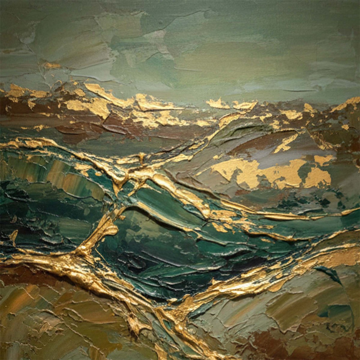 GOLDEN STRATA: Textured Abstract Green and Gold Mountain Impasto Painting - Image 3