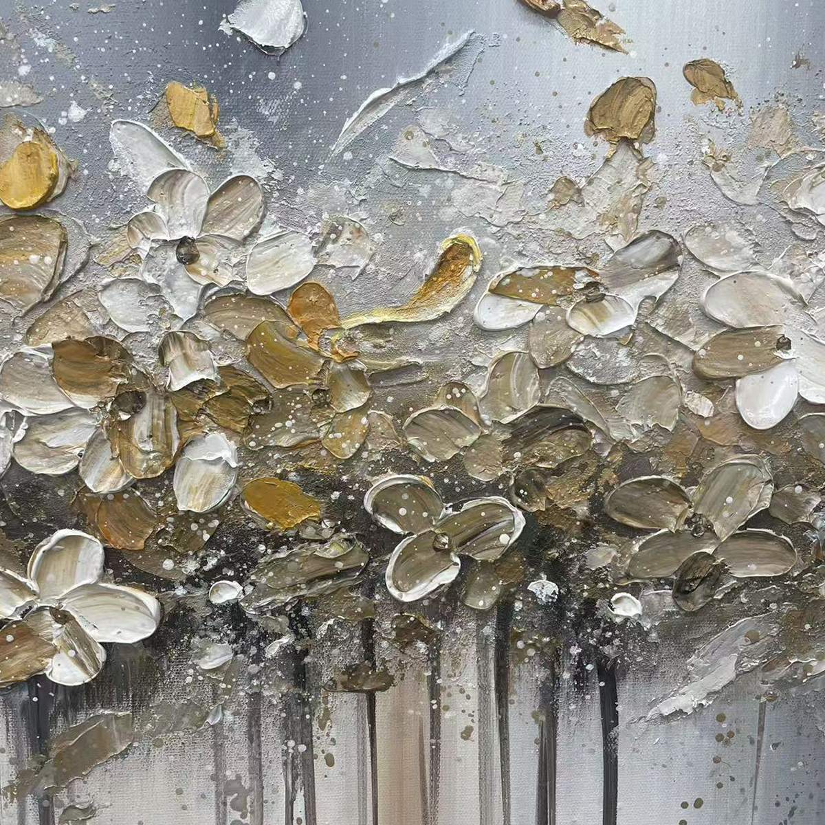 GOLDEN DRIFT: White and Gold Floral Abstract Painting for Living Room - Image 3