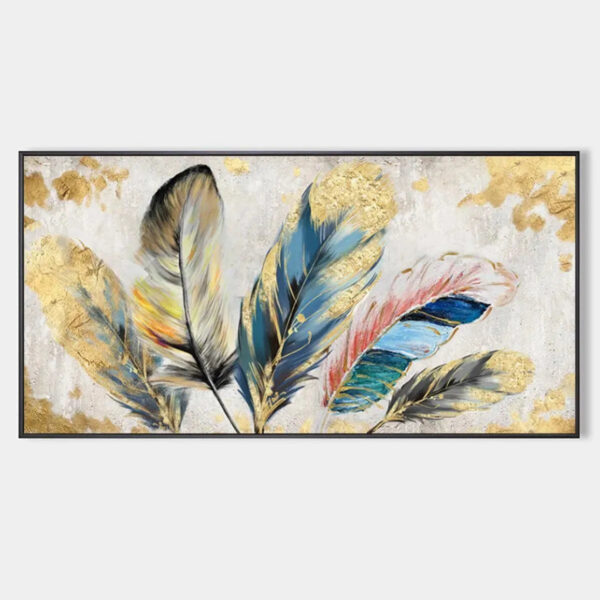 GOLDEN AND BLUE FEATHERS: Vibrant Feather Painting, Horizontal Wall Art