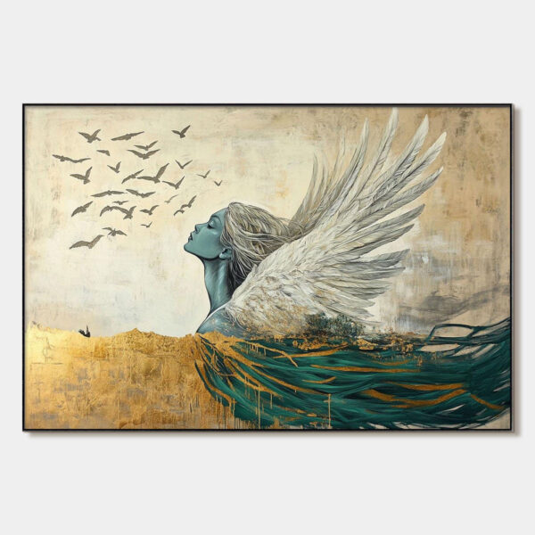GOLDEN ASCENSION: Ethereal Angel with Birds Oil Painting