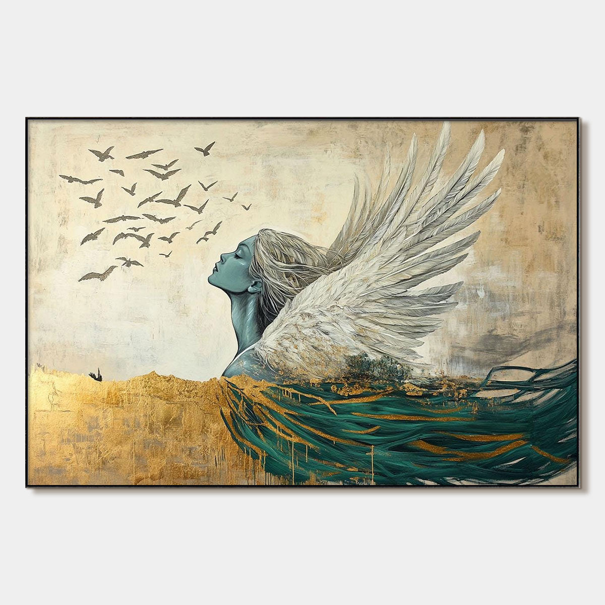 GOLDEN ASCENSION: Ethereal Angel with Birds Oil Painting