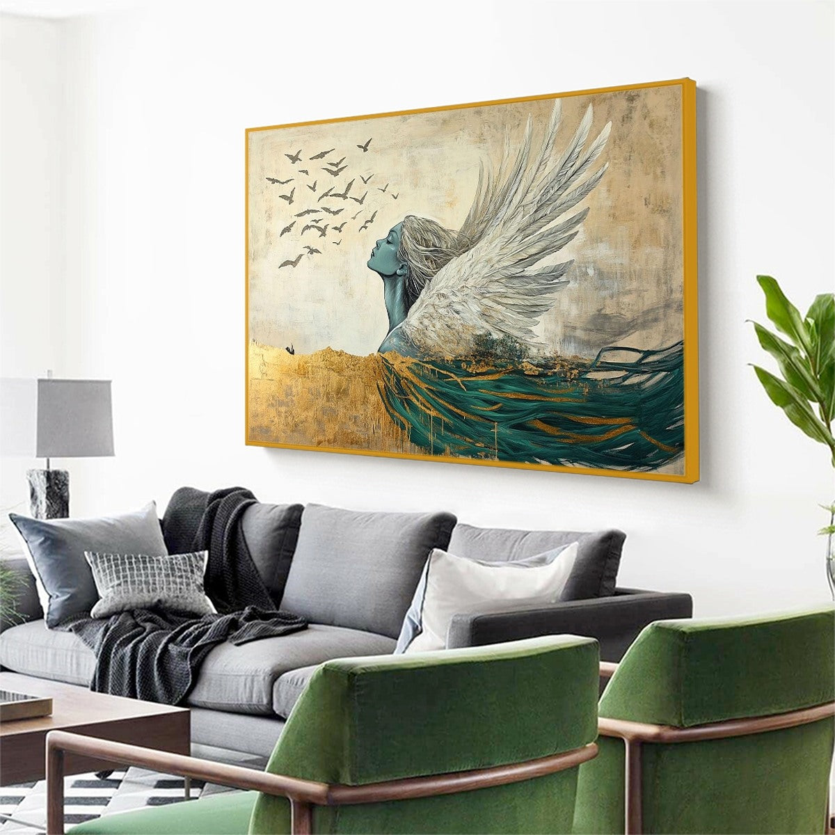 GOLDEN ASCENSION: Ethereal Angel with Birds Oil Painting - Image 4