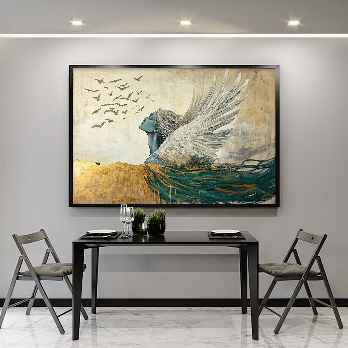 GOLDEN ASCENSION: Ethereal Angel with Birds Oil Painting - Image 6