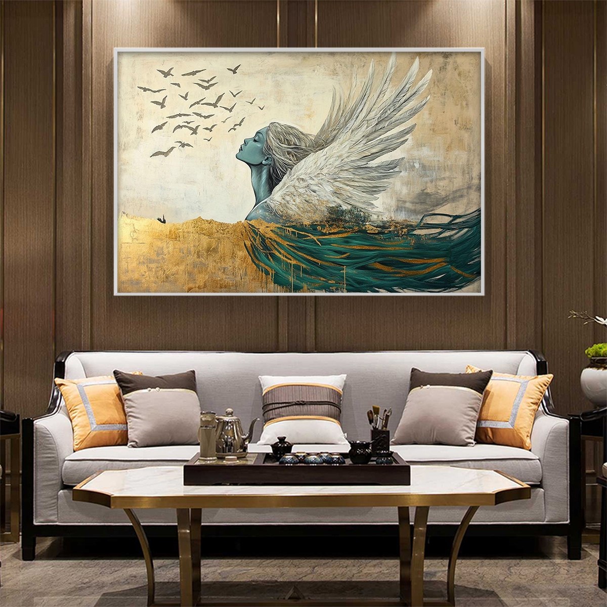 GOLDEN ASCENSION: Ethereal Angel with Birds Oil Painting - Image 7