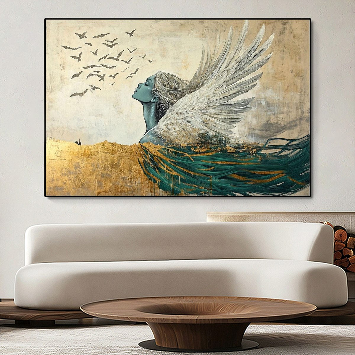 GOLDEN ASCENSION: Ethereal Angel with Birds Oil Painting - Image 2