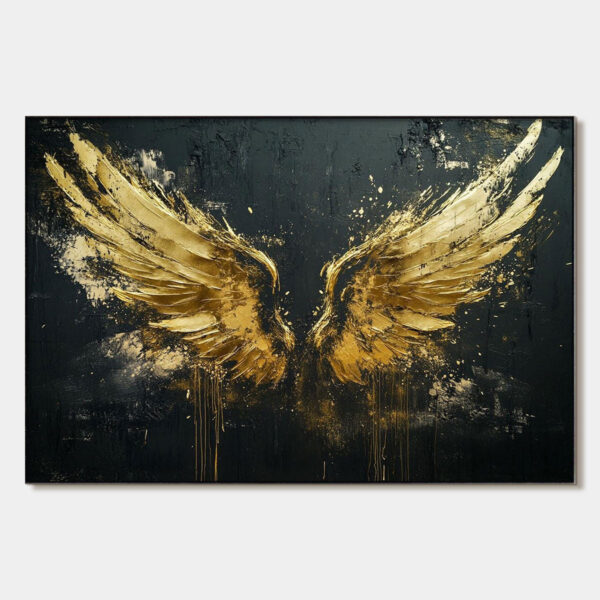 GOLDEN ASCENSION: Textured Gold Wings Oil Painting on Black Canvas