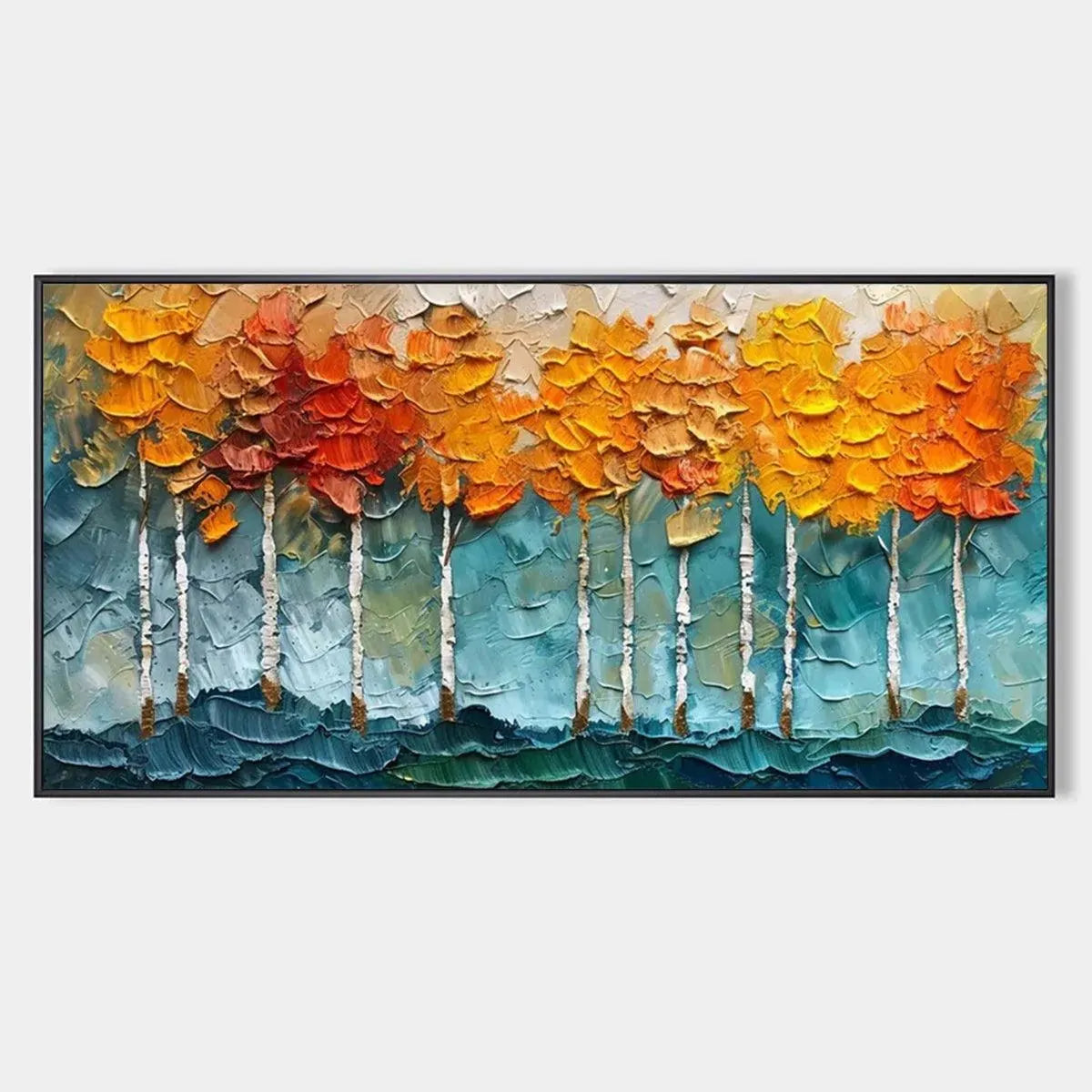 GOLDEN ASPEN: Textured Forest Painting, Impasto Wall Art, Horizontal Canvas, Autumn Decor