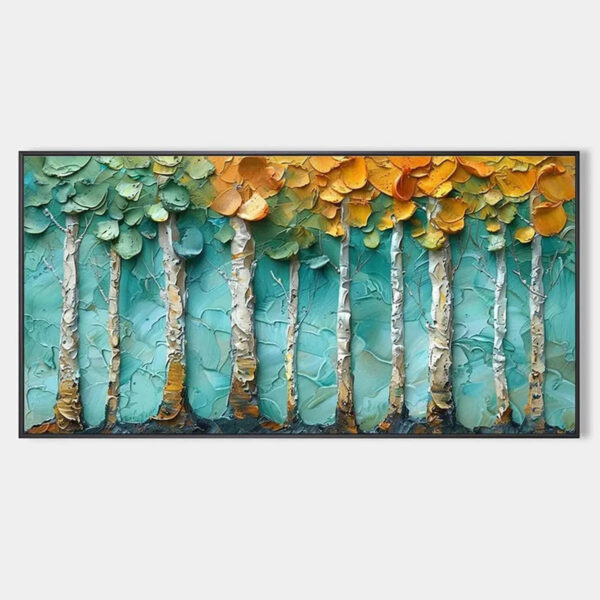 GOLDEN ASPEN GROVE: Textured Forest Painting, Impasto Wall Art, Horizontal Canvas, Landscape Art