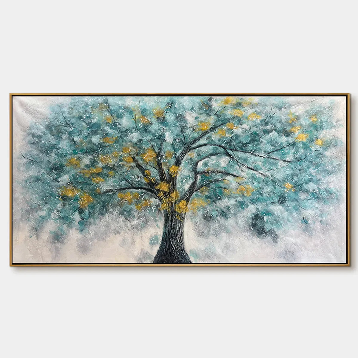 GOLDEN AUTUMN: Panoramic Tree Painting, Textured Wall Art, Blue, Gold, Living Room, Bedroom, Office