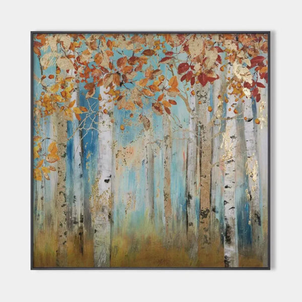 GOLDEN AUTUMN FOREST: Textured Autumn Forest Painting, Square Wall Art