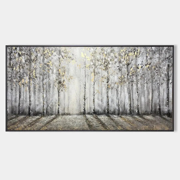 GOLDEN BIRCHWOOD: Panoramic Birch Forest Landscape Oil Painting with Gold Accents