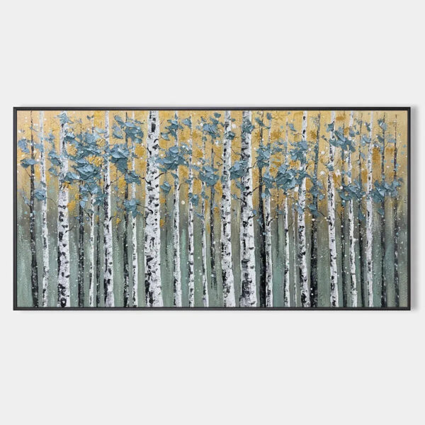 GOLDEN BIRCH GROVE: Textured Birch Tree Painting, Gold and Green Wall Art, Horizontal Canvas, Forest Decor
