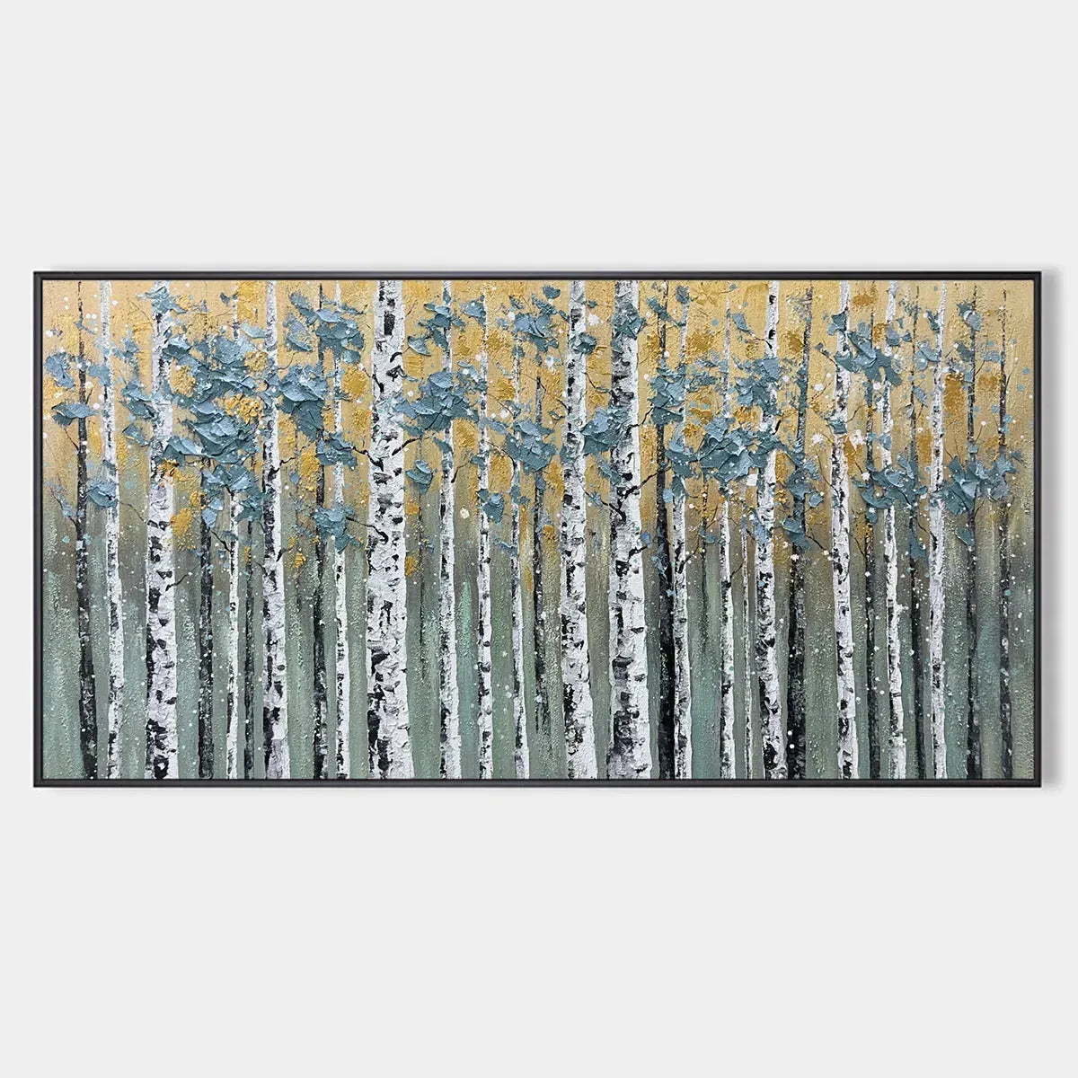GOLDEN BIRCH GROVE: Textured Birch Tree Painting, Gold and Green Wall Art, Horizontal Canvas, Forest Decor