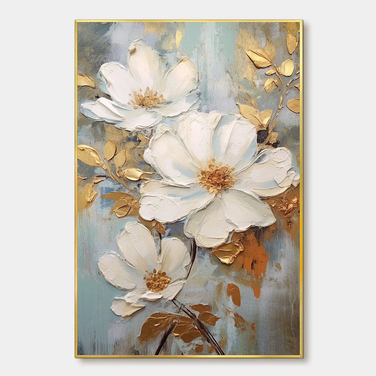 GOLDEN BLOSSOMS: Vertical Textured Floral Painting, Impasto White Flowers, Gold Accents, Living Room, Bedroom
