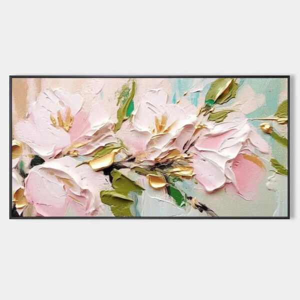 GOLDEN BLUSH: Textured Pink and Gold Floral Impasto Painting