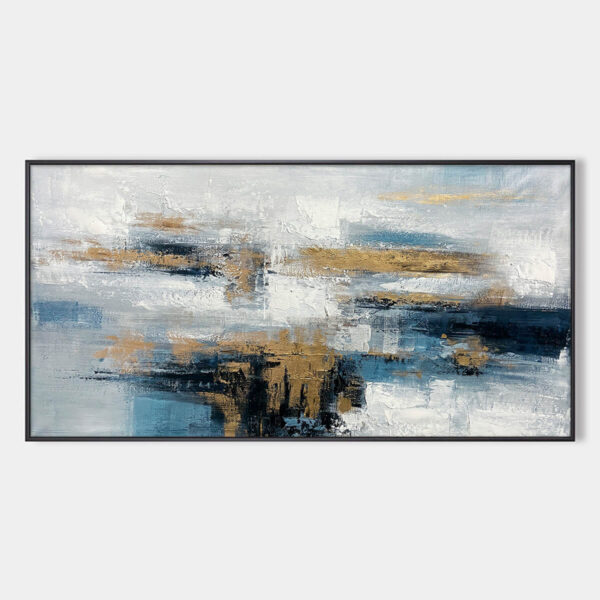 GOLDEN DRIFT: Abstract Blue and Gold Oil Painting