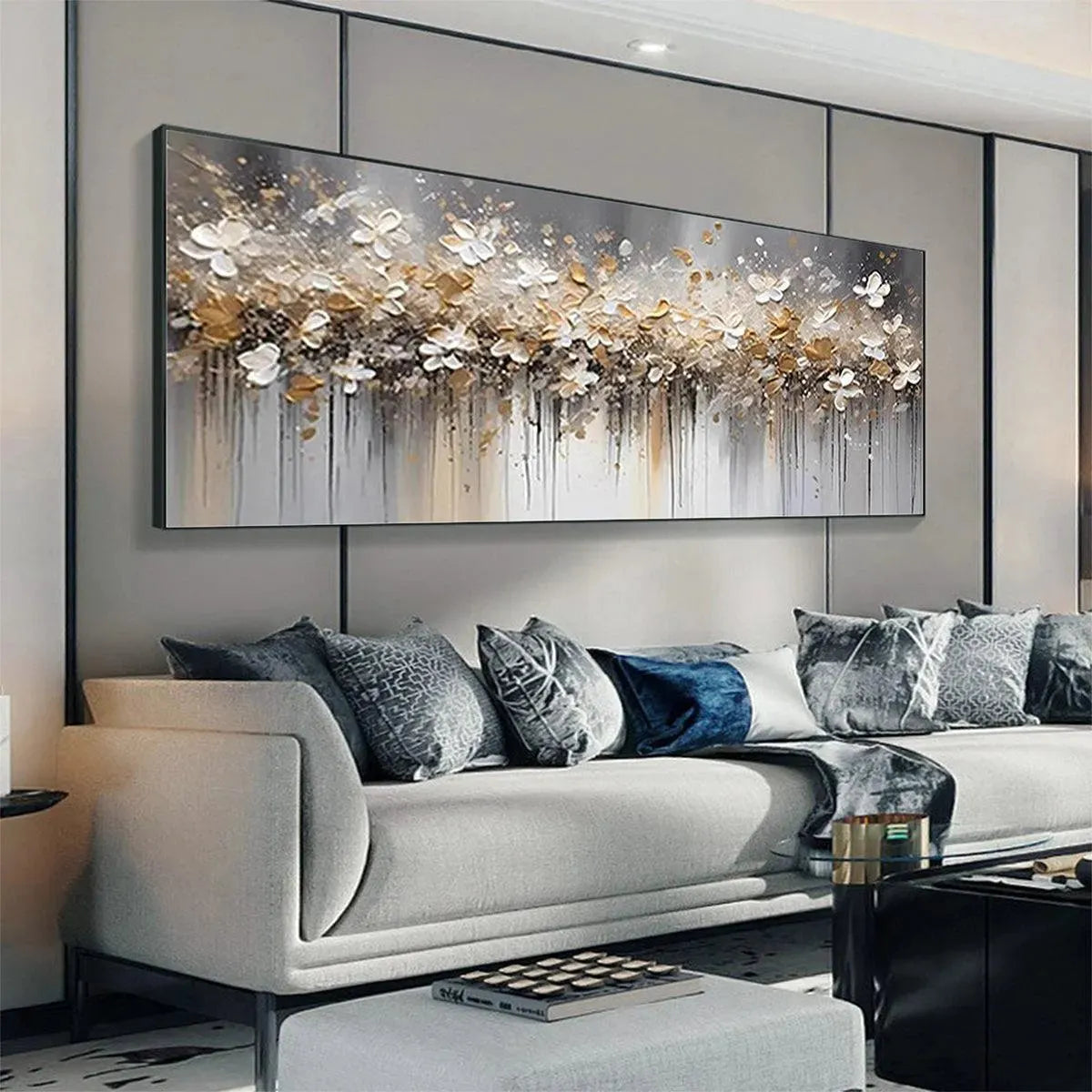 GOLDEN DRIFT: White and Gold Floral Abstract Painting for Living Room - Image 7