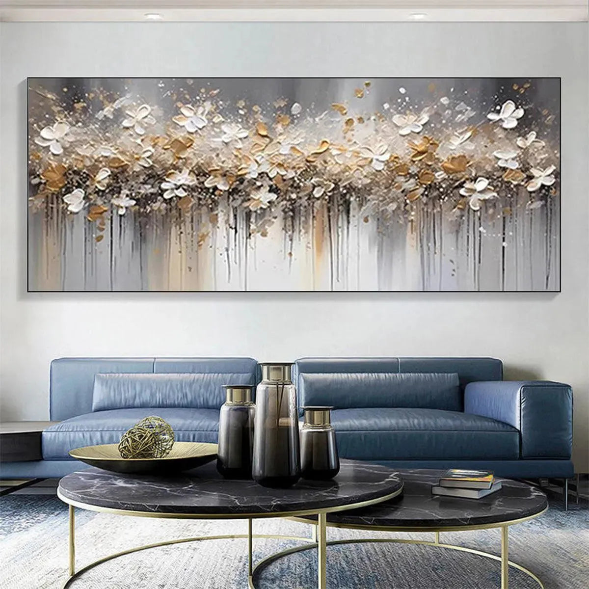 GOLDEN DRIFT: White and Gold Floral Abstract Painting for Living Room - Image 2