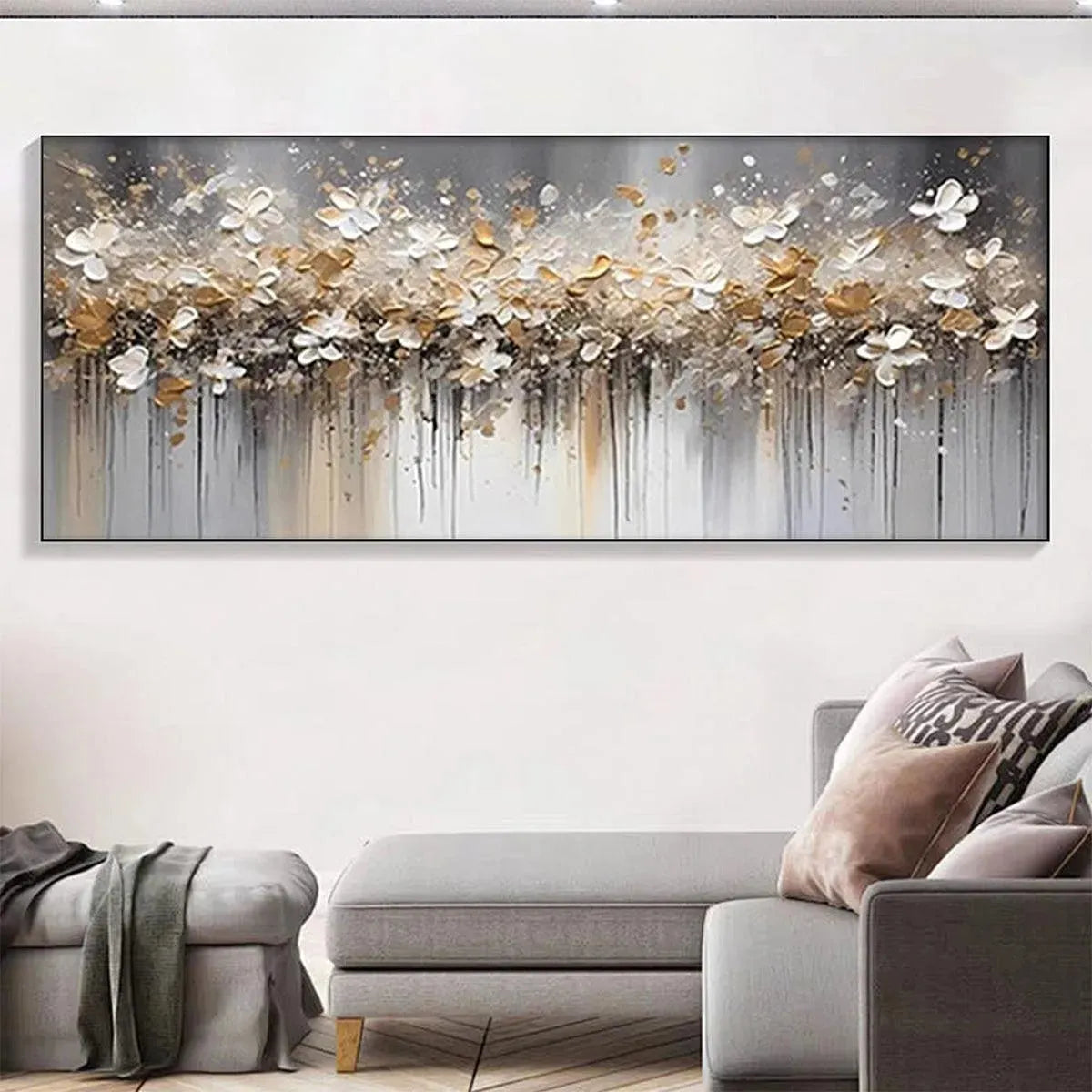 GOLDEN DRIFT: White and Gold Floral Abstract Painting for Living Room - Image 6