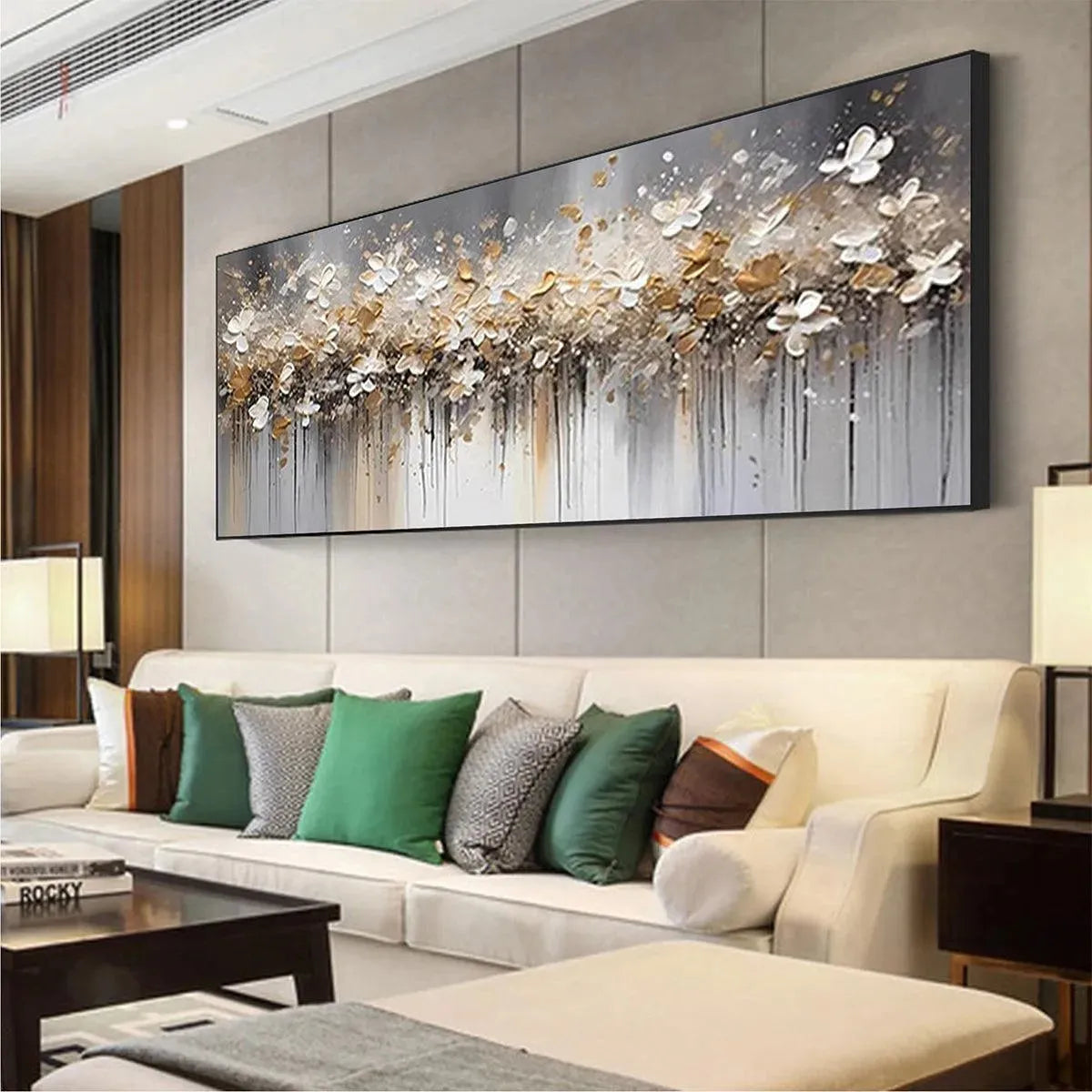 GOLDEN DRIFT: White and Gold Floral Abstract Painting for Living Room - Image 8
