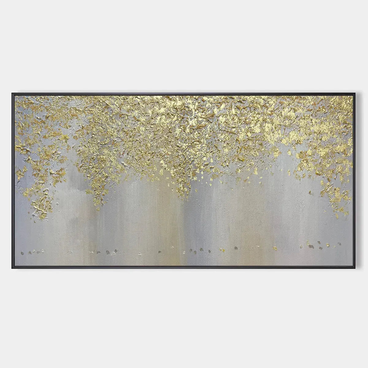 GOLDEN DRIZZLE: Gold Leaf Abstract Painting, Grey and Gold Wall Art, Horizontal Canvas, Modern Decor