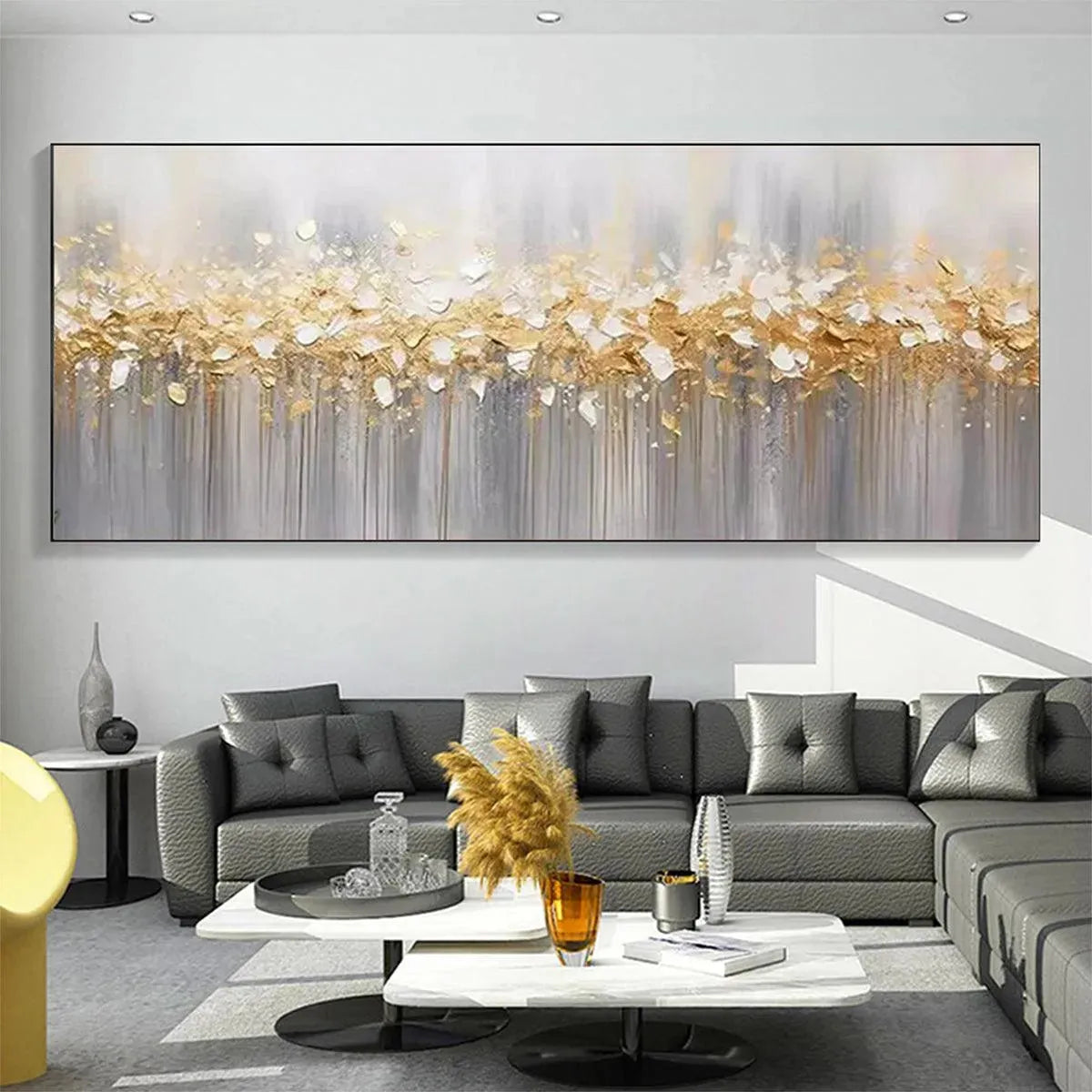 GOLDEN DRIZZLE: Textured Abstract Painting, Gold and Grey Wall Art, Panoramic Canvas, Modern Decor - Image 3