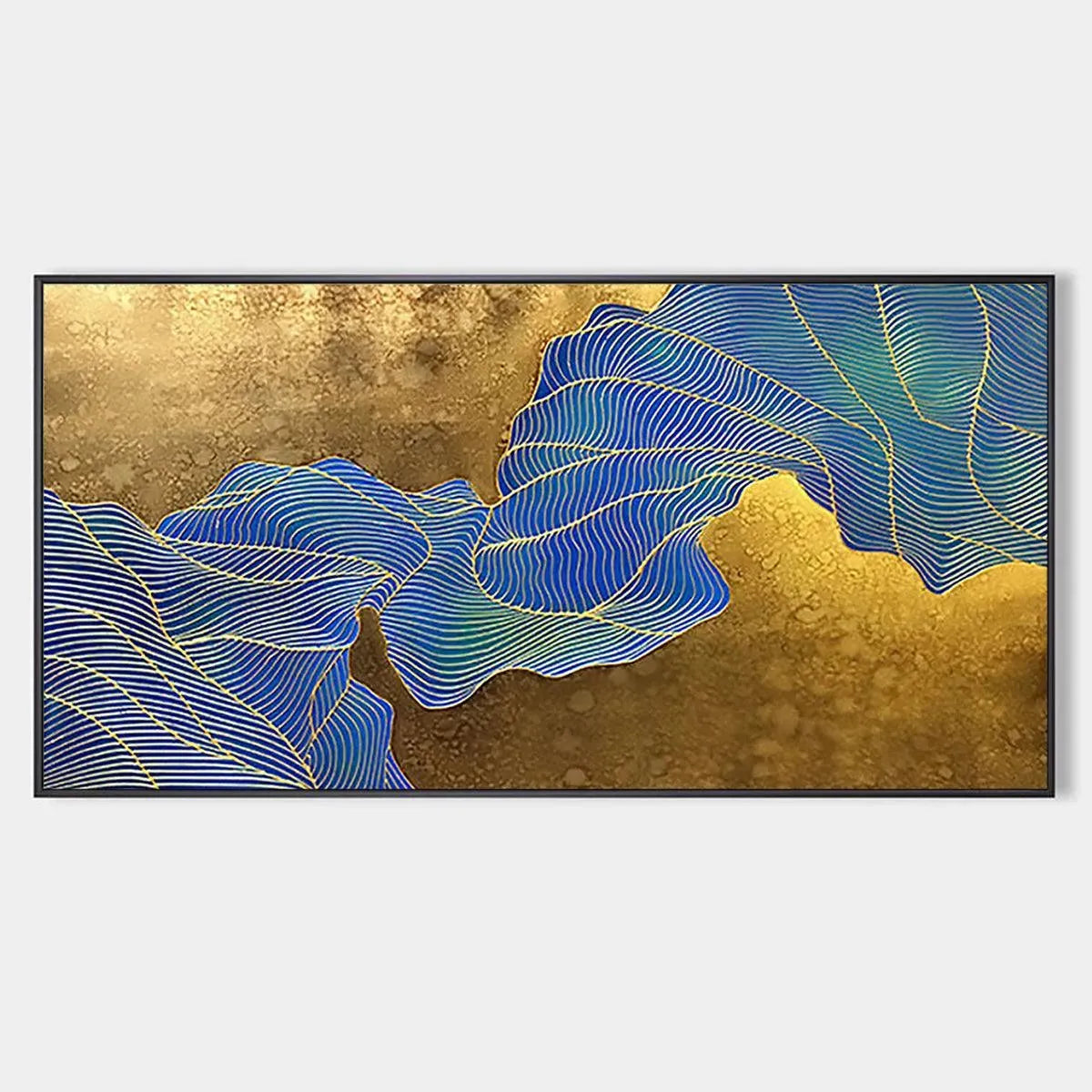 GOLDEN FLOW: Abstract Blue and Gold Oil Painting