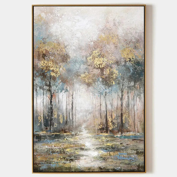 GOLDEN FOREST PATH: Textured Forest Landscape Painting, Vertical Wall Art