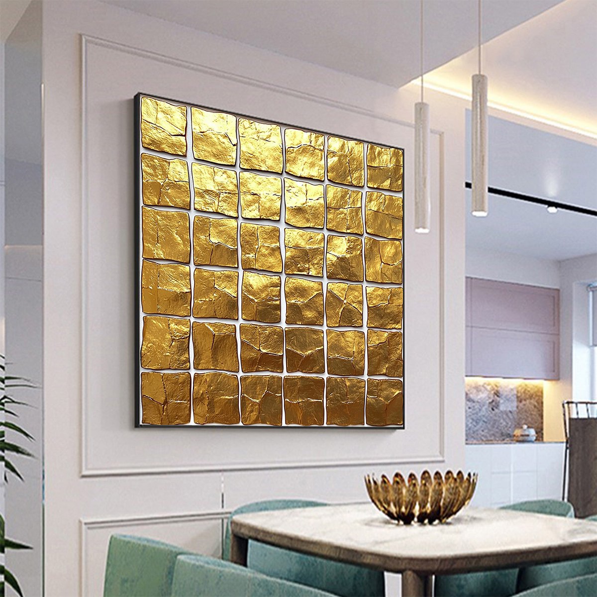 GOLDEN GRID: Textured Minimalist Abstract Oil Painting in Gold - Image 4
