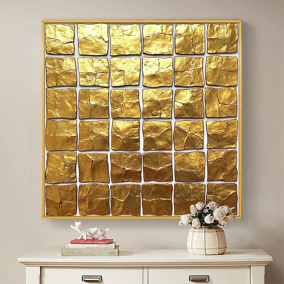 GOLDEN GRID: Textured Minimalist Abstract Oil Painting in Gold - Image 7