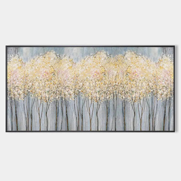 GOLDEN HAZE: Panoramic Landscape Painting, Textured Trees