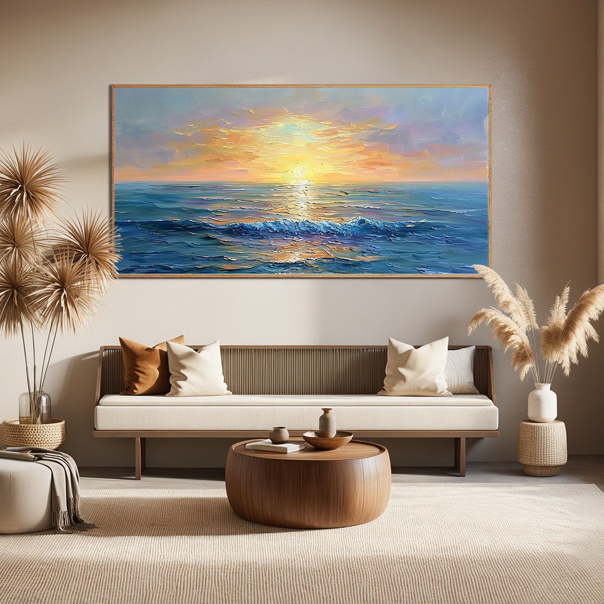 GOLDEN HORIZON: Panoramic Coastal Sunset Oil Painting - Image 2