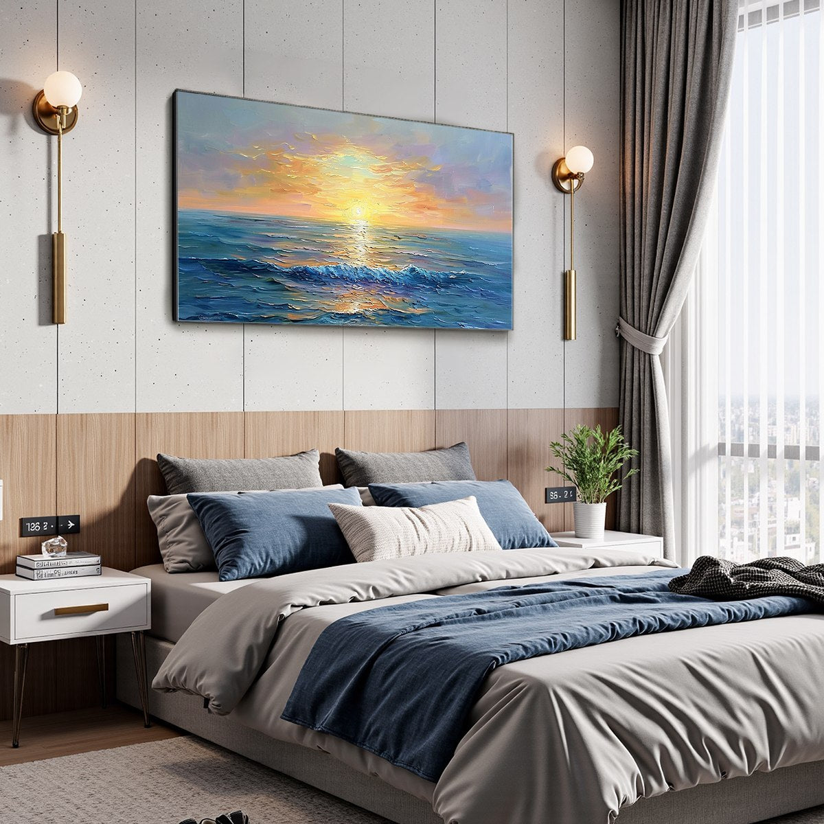 GOLDEN HORIZON: Panoramic Coastal Sunset Oil Painting - Image 4