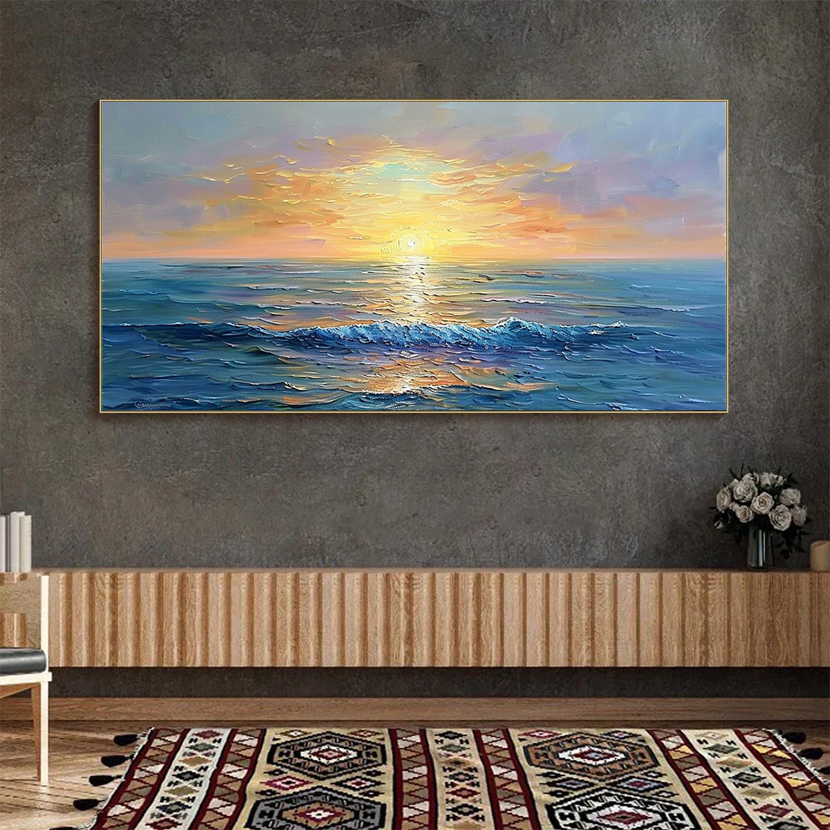 GOLDEN HORIZON: Panoramic Coastal Sunset Oil Painting - Image 7