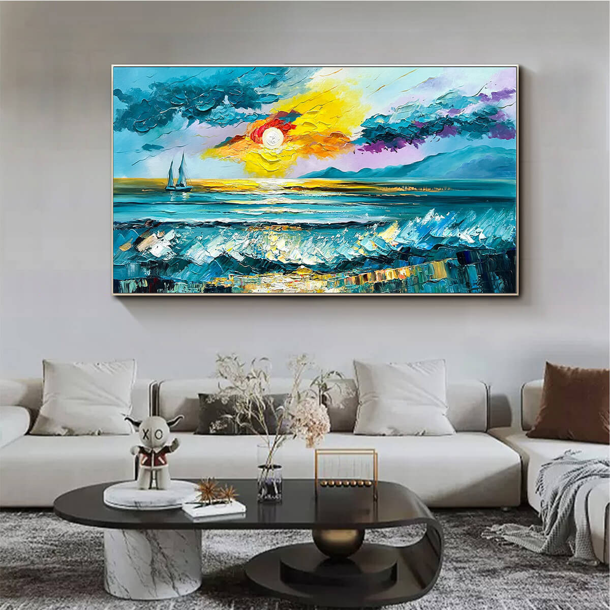 GOLDEN HORIZON: Vibrant Sunset Seascape Oil Painting - Image 7