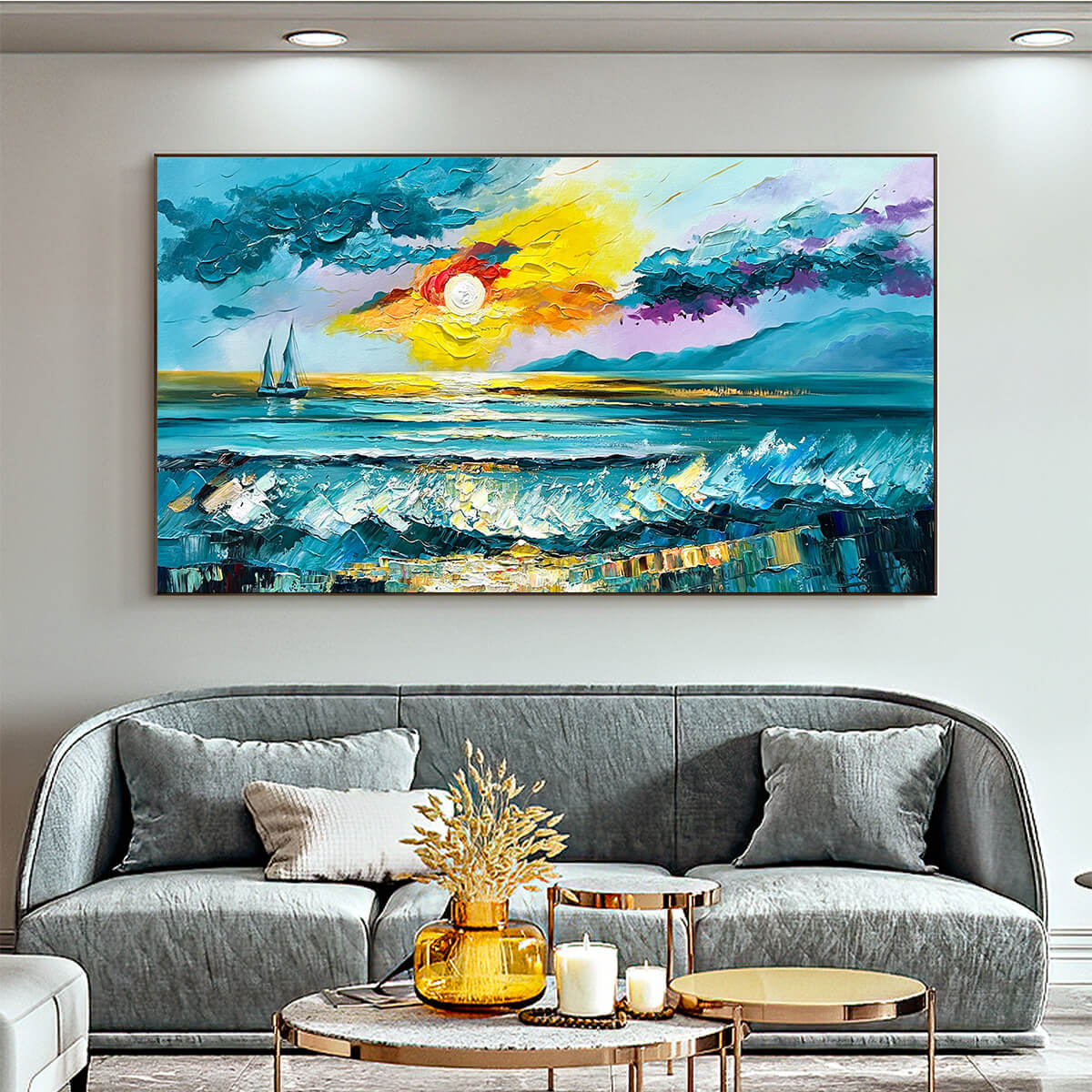 GOLDEN HORIZON: Vibrant Sunset Seascape Oil Painting - Image 2
