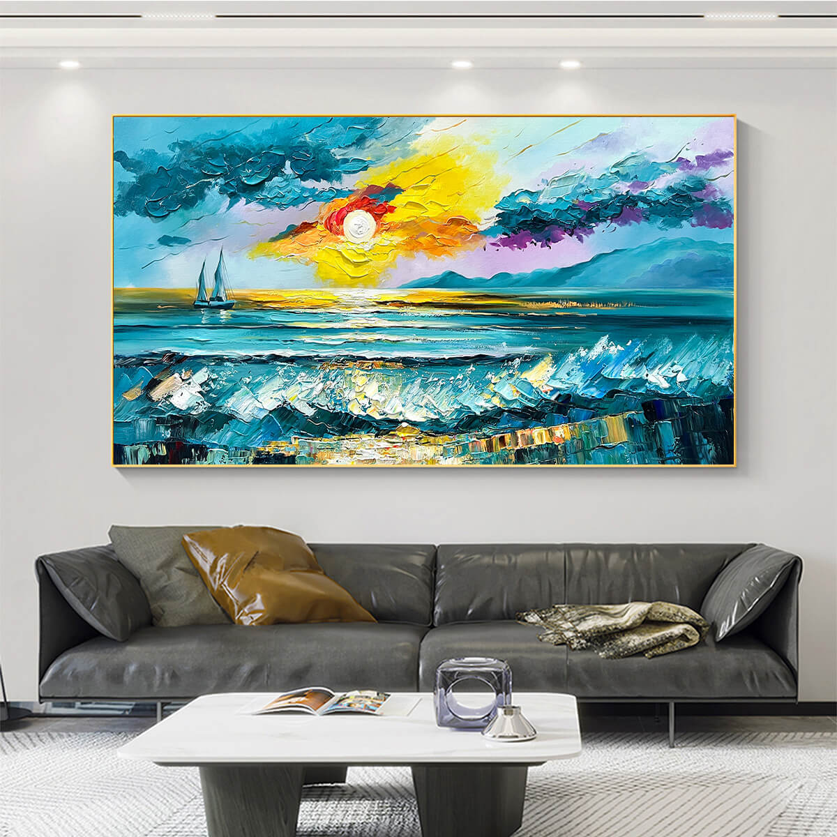 GOLDEN HORIZON: Vibrant Sunset Seascape Oil Painting - Image 6