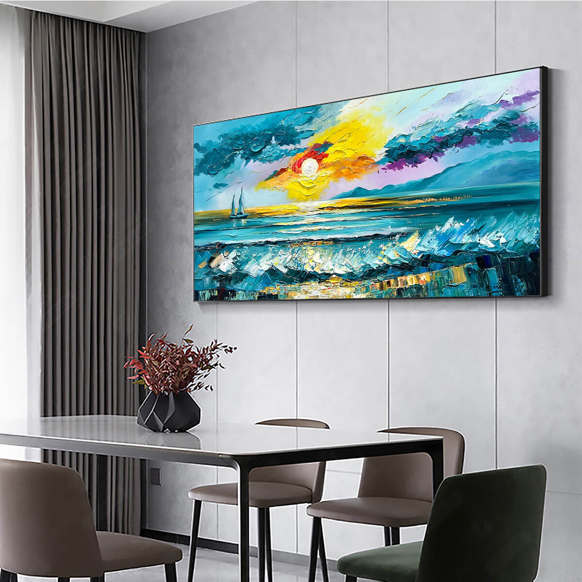 GOLDEN HORIZON: Vibrant Sunset Seascape Oil Painting - Image 4