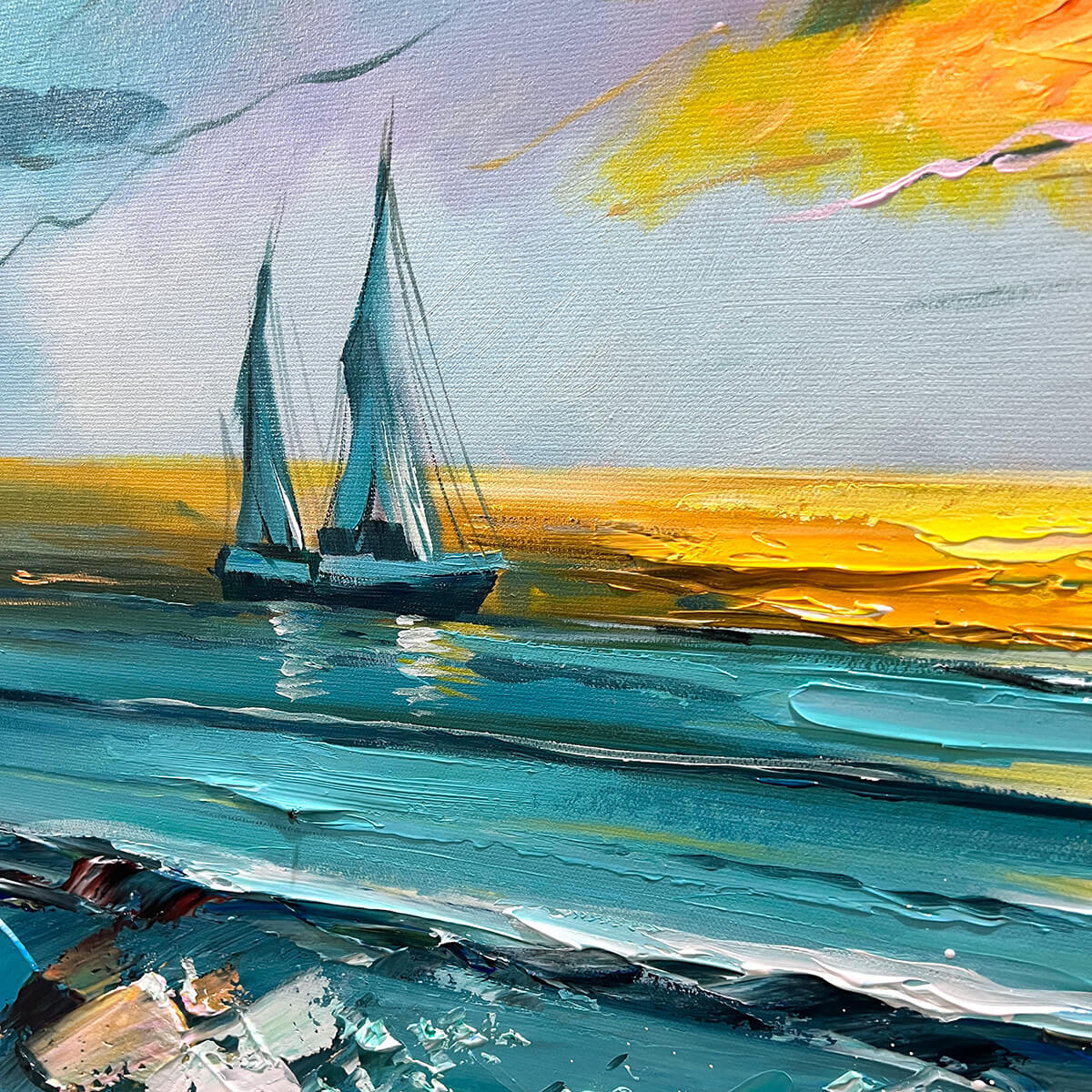 GOLDEN HORIZON: Vibrant Sunset Seascape Oil Painting - Image 5
