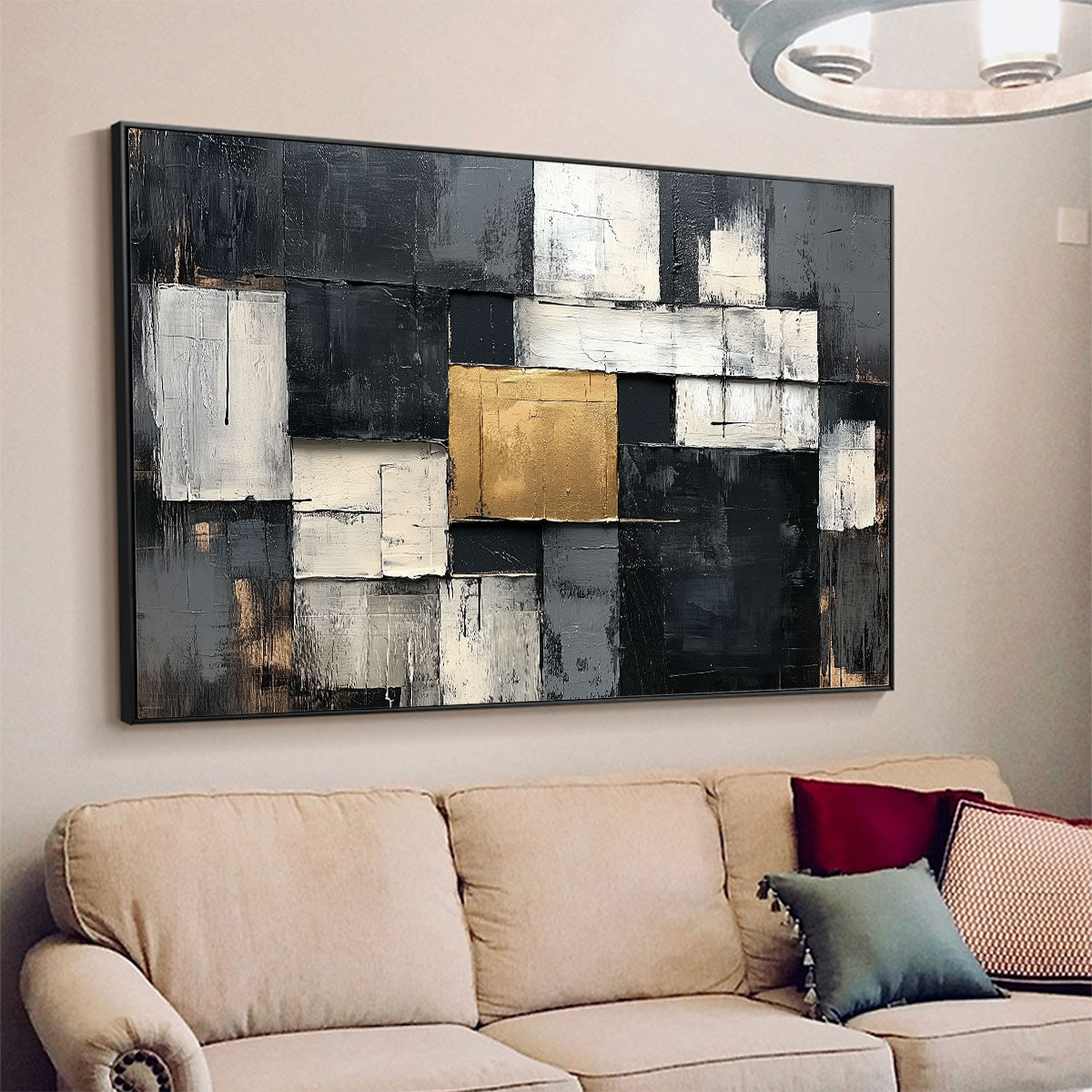 GOLDEN INTERSECTION: Textured Abstract Geometric Oil Painting - Image 4