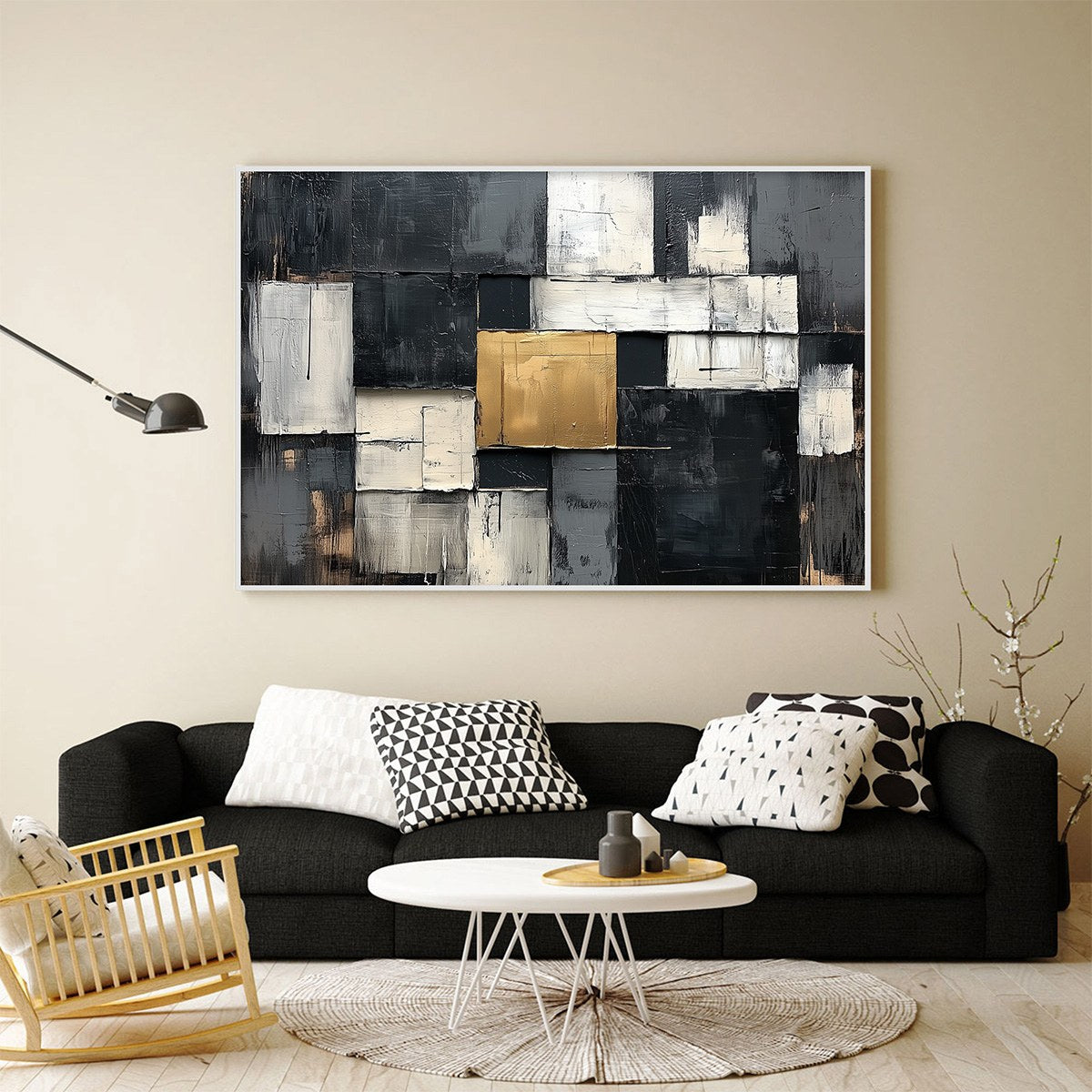 GOLDEN INTERSECTION: Textured Abstract Geometric Oil Painting - Image 2