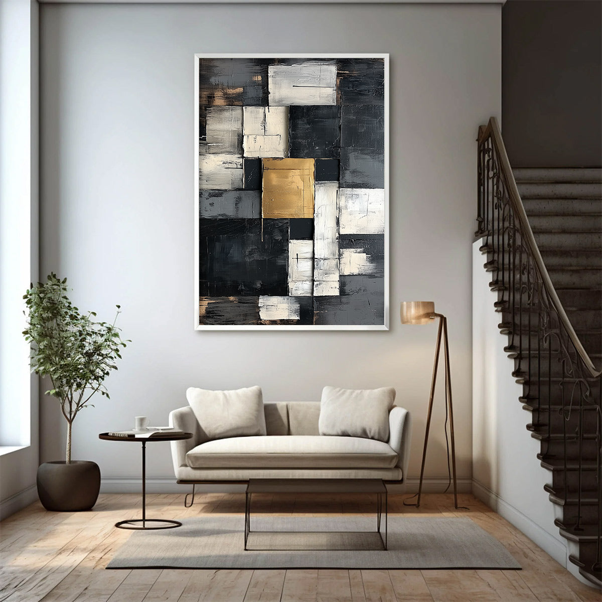 GOLDEN INTERSECTION: Textured Abstract Geometric Oil Painting - Image 3