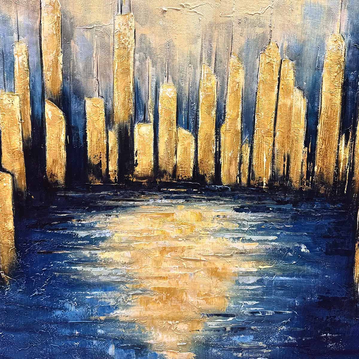 GOLDEN METROPOLIS: Panoramic Cityscape Oil Painting - Image 3