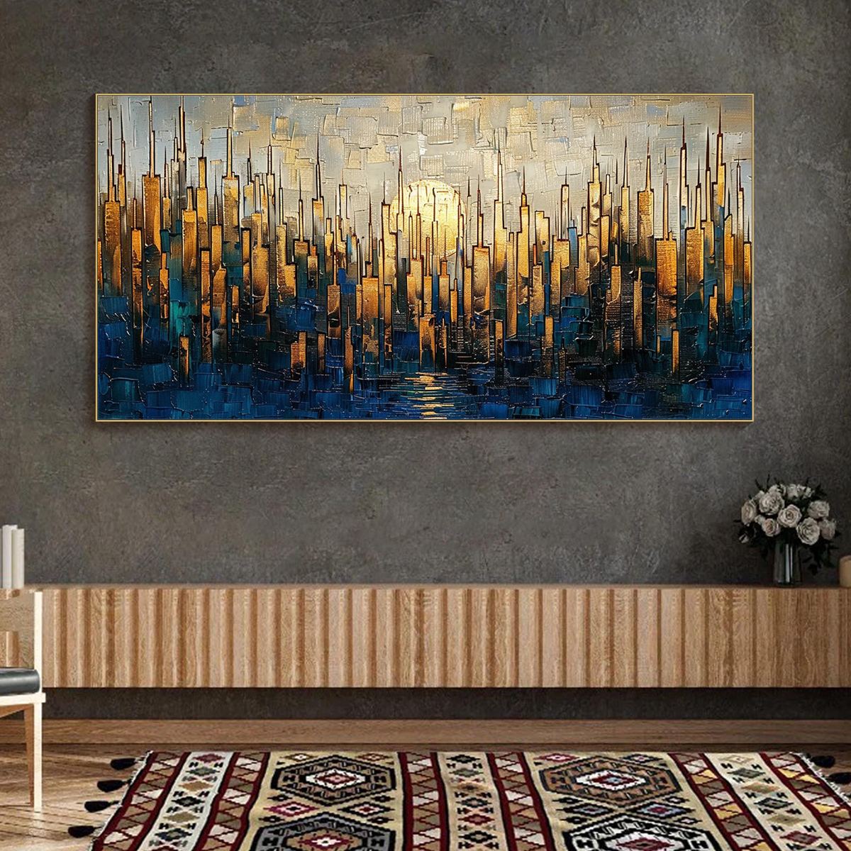 GOLDEN METROPOLIS: Textured Cityscape Oil Painting - Image 4