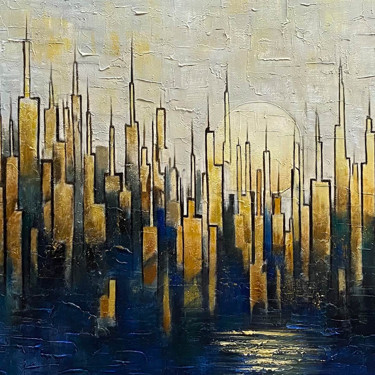 GOLDEN METROPOLIS: Textured Cityscape Oil Painting - Image 3