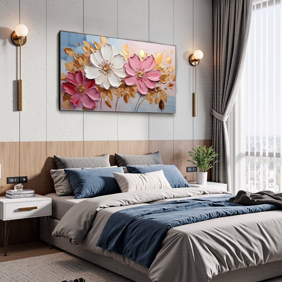 GOLDEN PETALS: Textured Panoramic Floral Oil Painting - Image 4